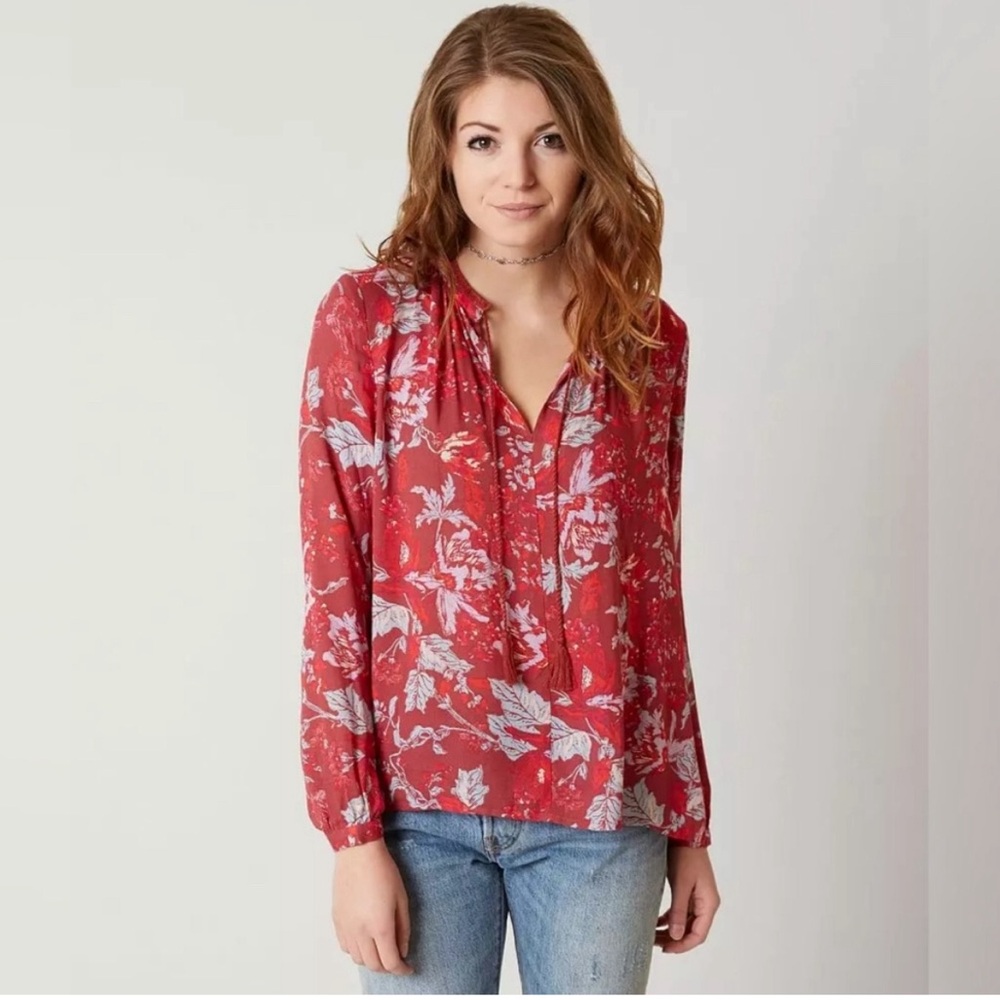 New Lucky Brand Floral Peasant Blouse Top Fringe Tassels Red Sz Small